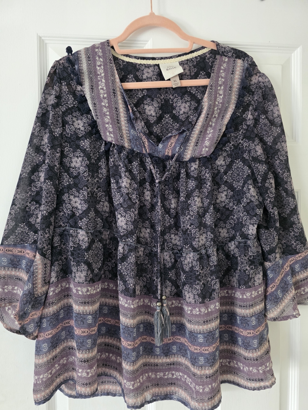 Knox Rose Navy and Lavender Floral Peasant Tunic BOHO